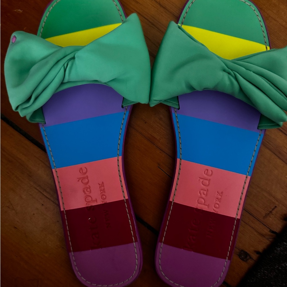 kate spade Green Bow Multi-Stripe Slide Sandals